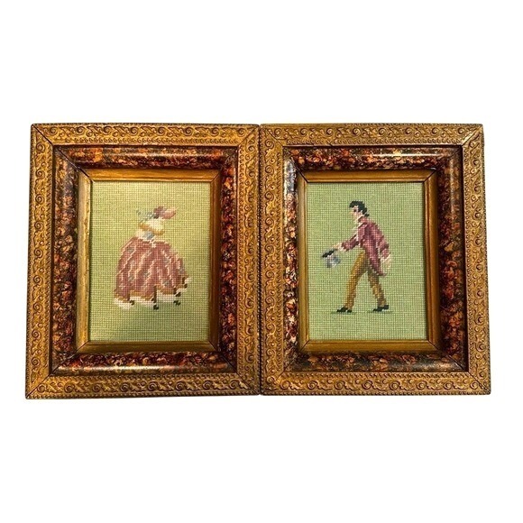 Vintage Pair Needlepoint Victorian Man Women‎ Framed Art 12